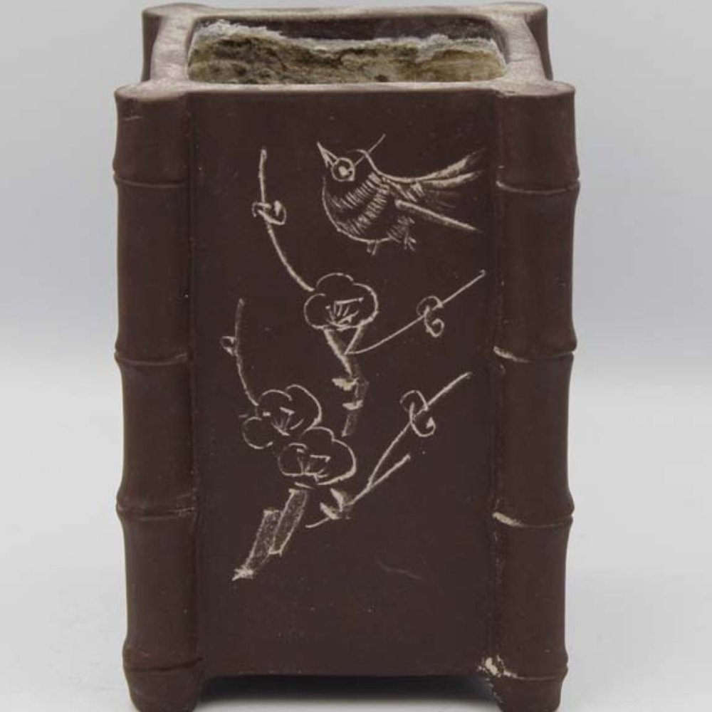 Antique Chinese Yixing Zisha Birds with Prunus Blossom Bamboo Square Vase signed